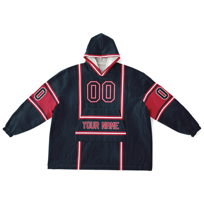 Deep steel blue, red, and white lineup snug hoodie with clean line work and subtle jersey influence.