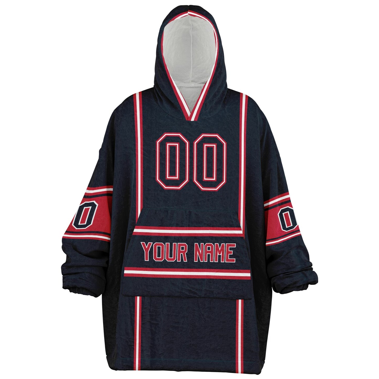 Deep steel blue, red, and white lineup snug hoodie with clean line work and subtle jersey influence.