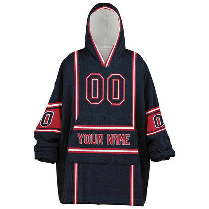 Deep steel blue, red, and white lineup snug hoodie with clean line work and subtle jersey influence.