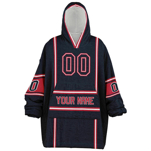 Deep steel blue, red, and white lineup snug hoodie with clean line work and subtle jersey influence.