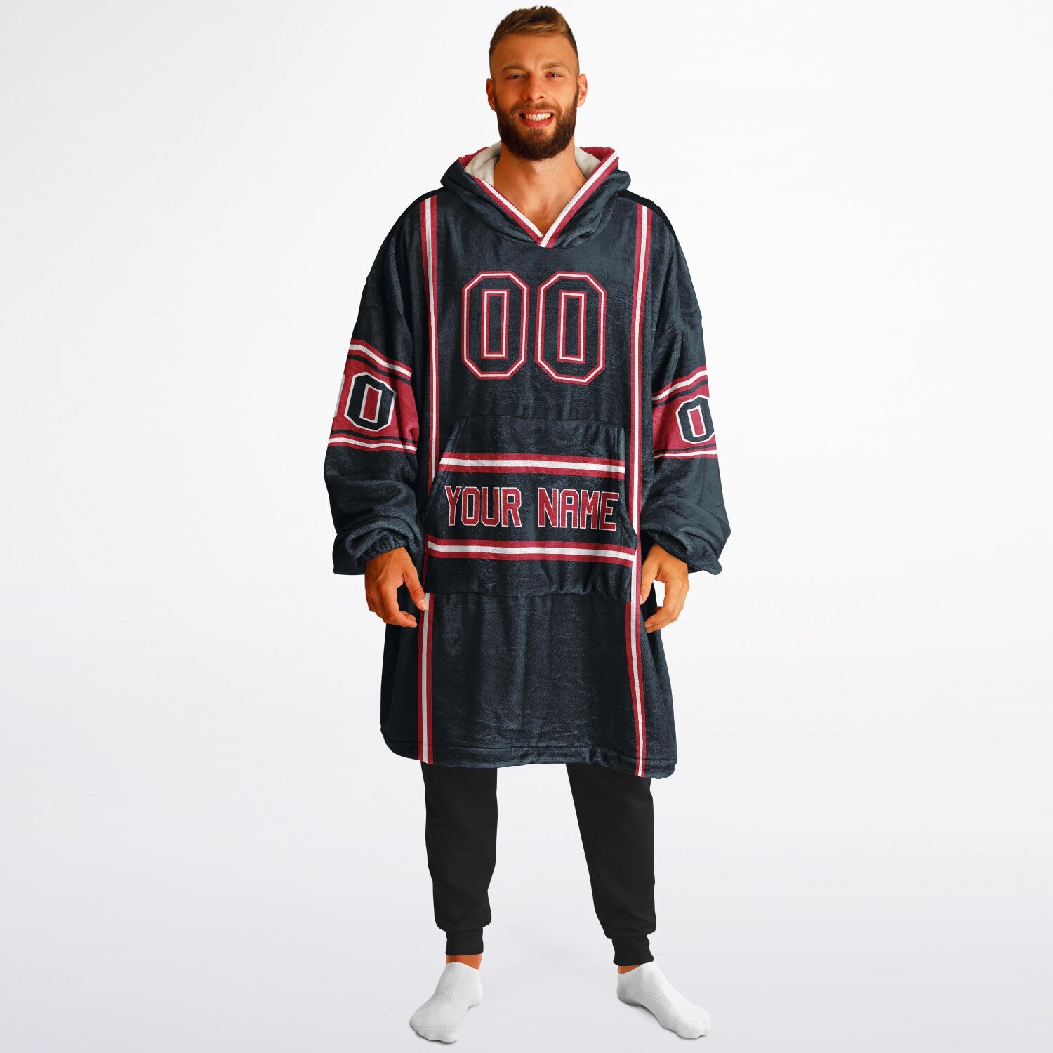 Deep steel blue, red, and white lineup snug hoodie with clean line work and subtle jersey influence.