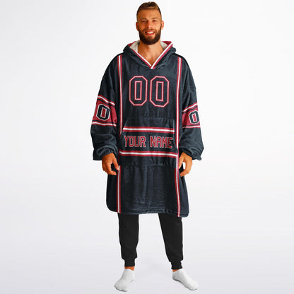 Deep steel blue, red, and white lineup snug hoodie with clean line work and subtle jersey influence.