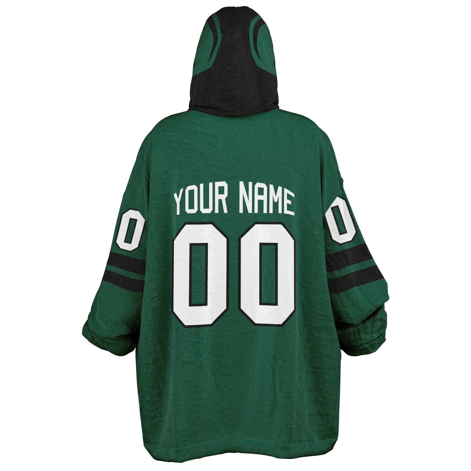 Green and black classic snug hoodie featuring jersey-style stripes and personalized name and number.