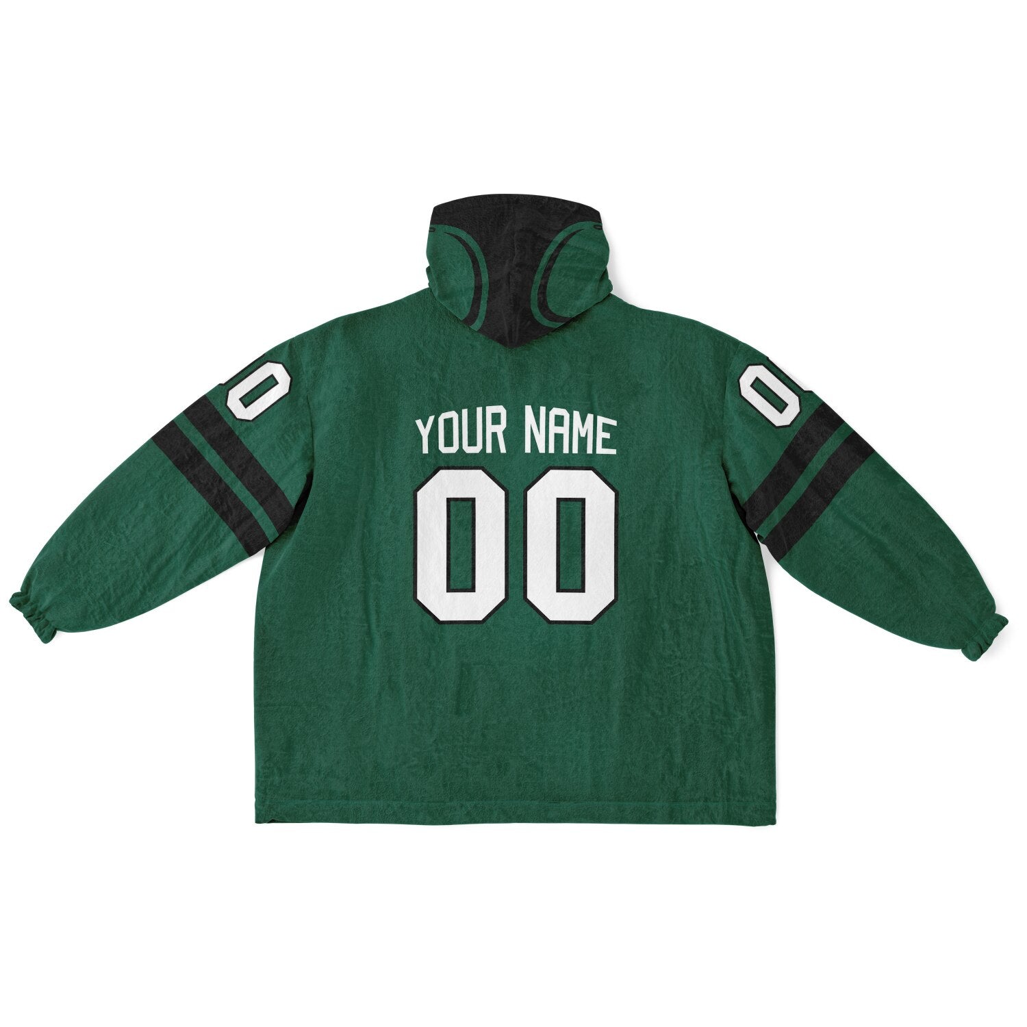Green and black classic snug hoodie featuring jersey-style stripes and personalized name and number.