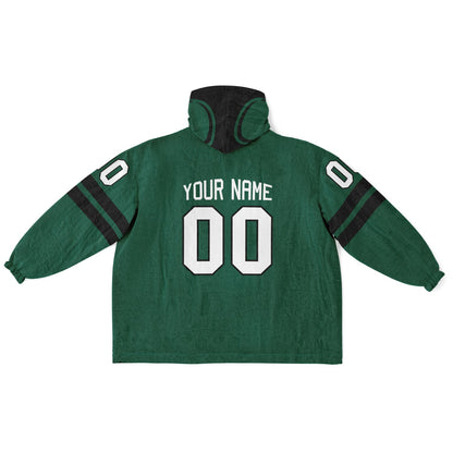 Green and black classic snug hoodie featuring jersey-style stripes and personalized name and number.