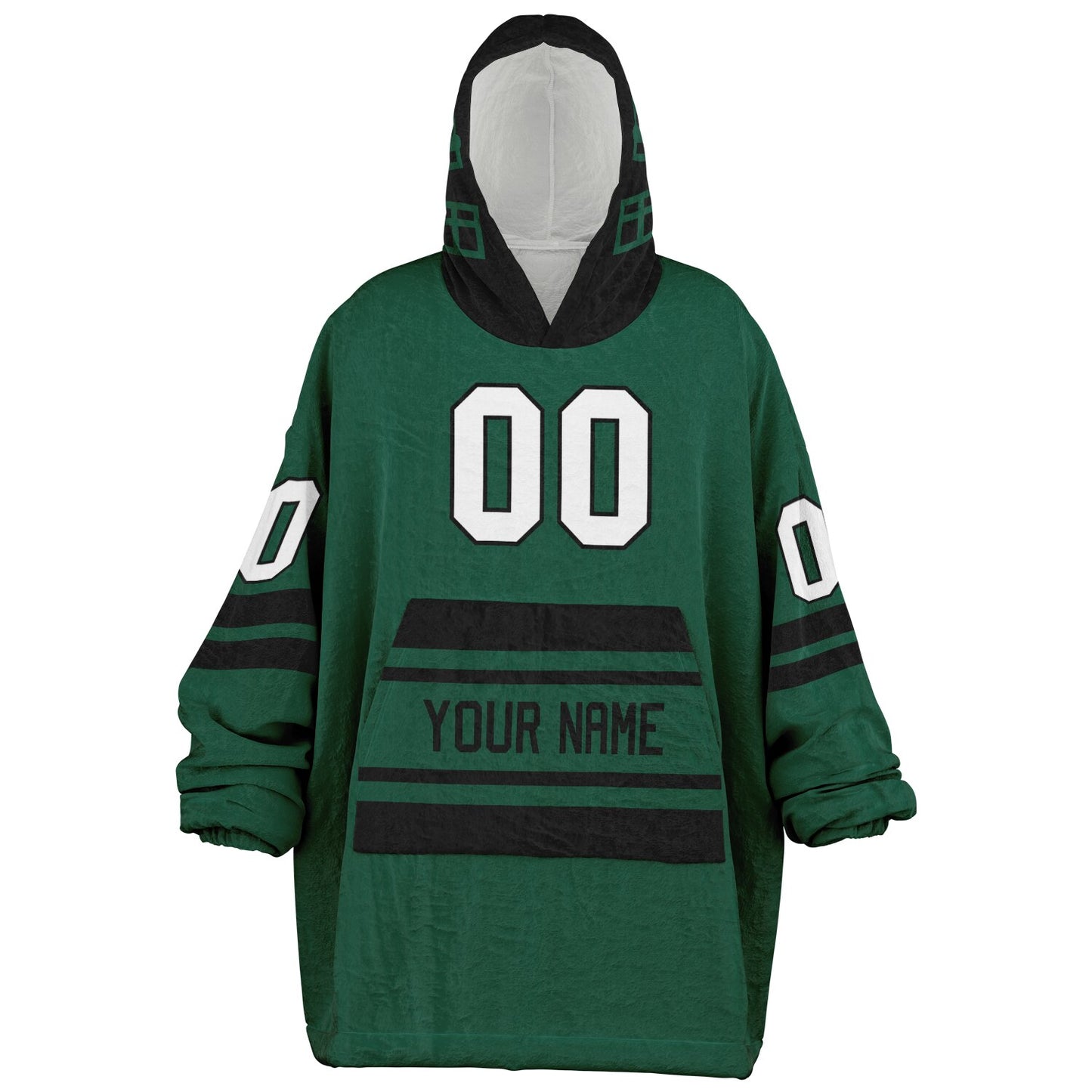 Green and black classic snug hoodie featuring jersey-style stripes and personalized name and number.