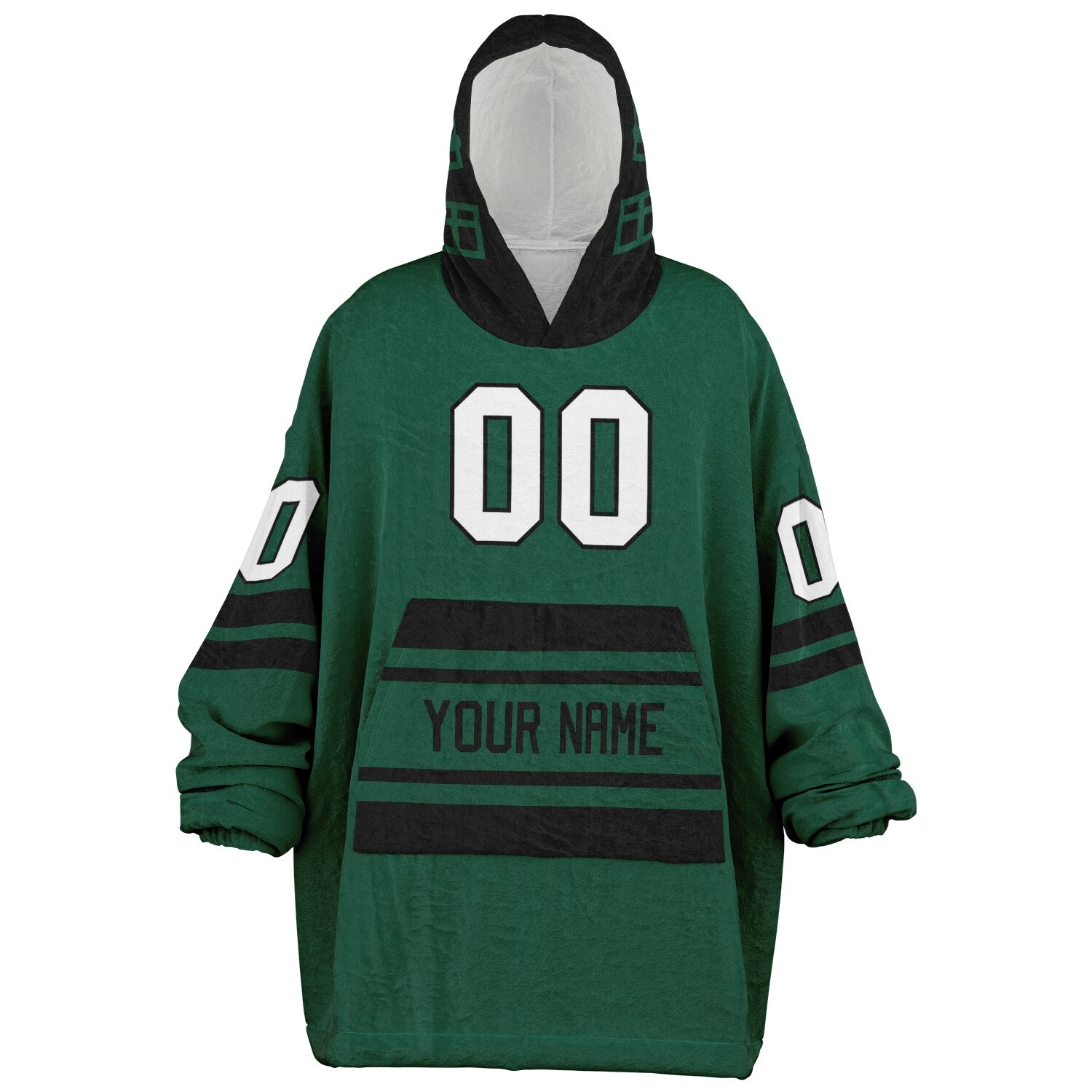 Green and black classic snug hoodie featuring jersey-style stripes and personalized name and number.