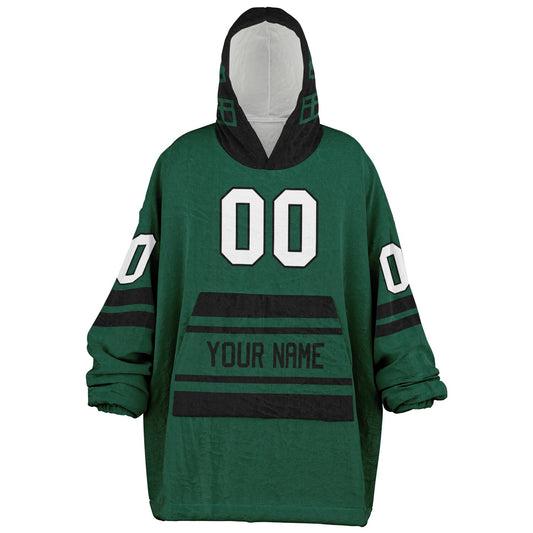 Green and black classic snug hoodie featuring jersey-style stripes and personalized name and number.