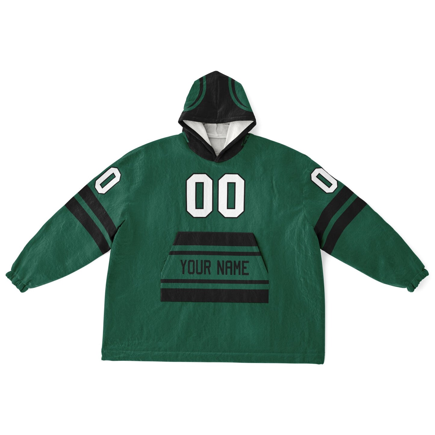 Green and black classic snug hoodie featuring jersey-style stripes and personalized name and number.