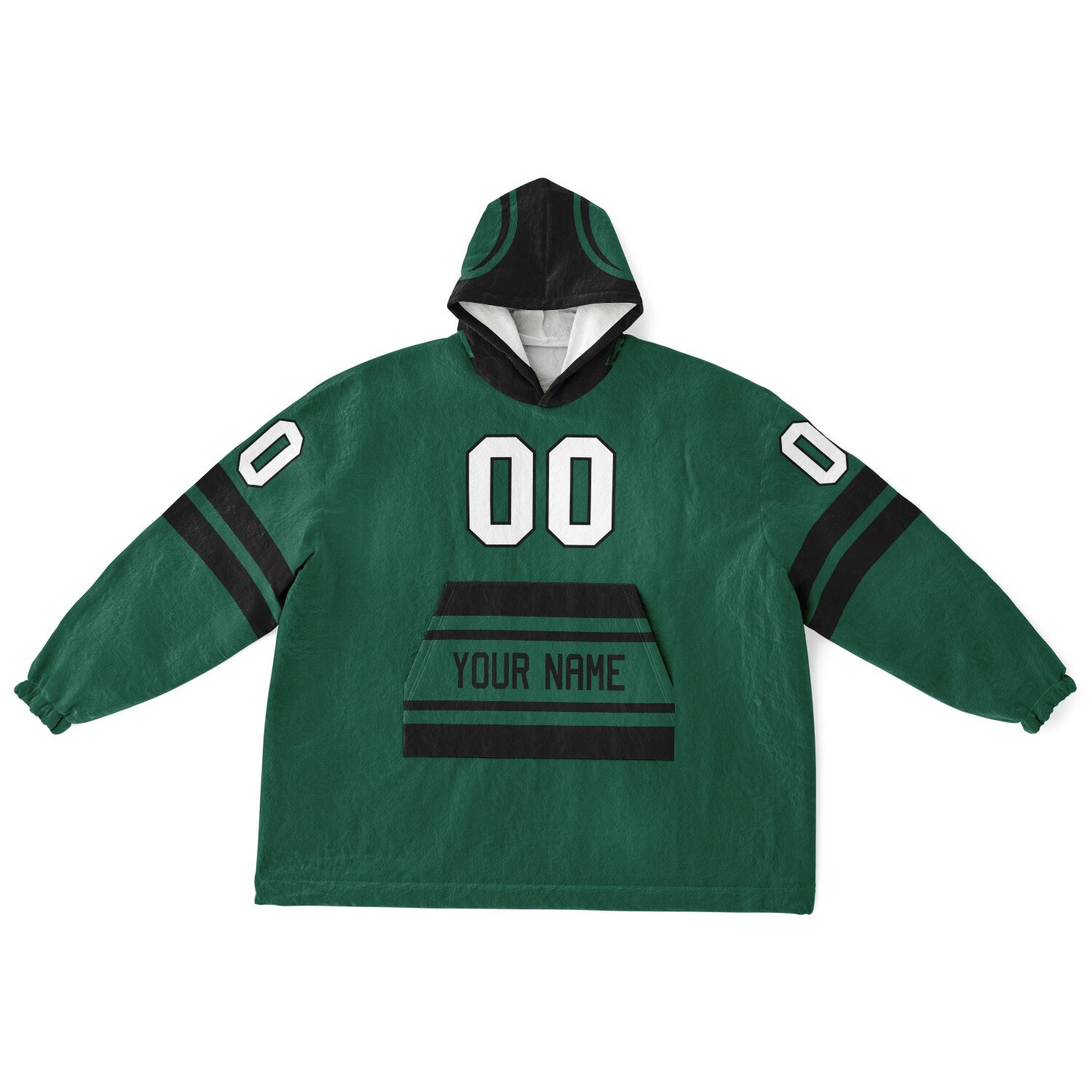 Green and black classic snug hoodie featuring jersey-style stripes and personalized name and number.