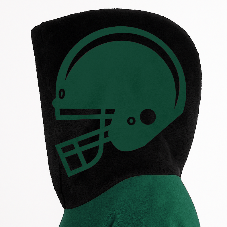 Green and black classic snug hoodie featuring jersey-style stripes and personalized name and number.
