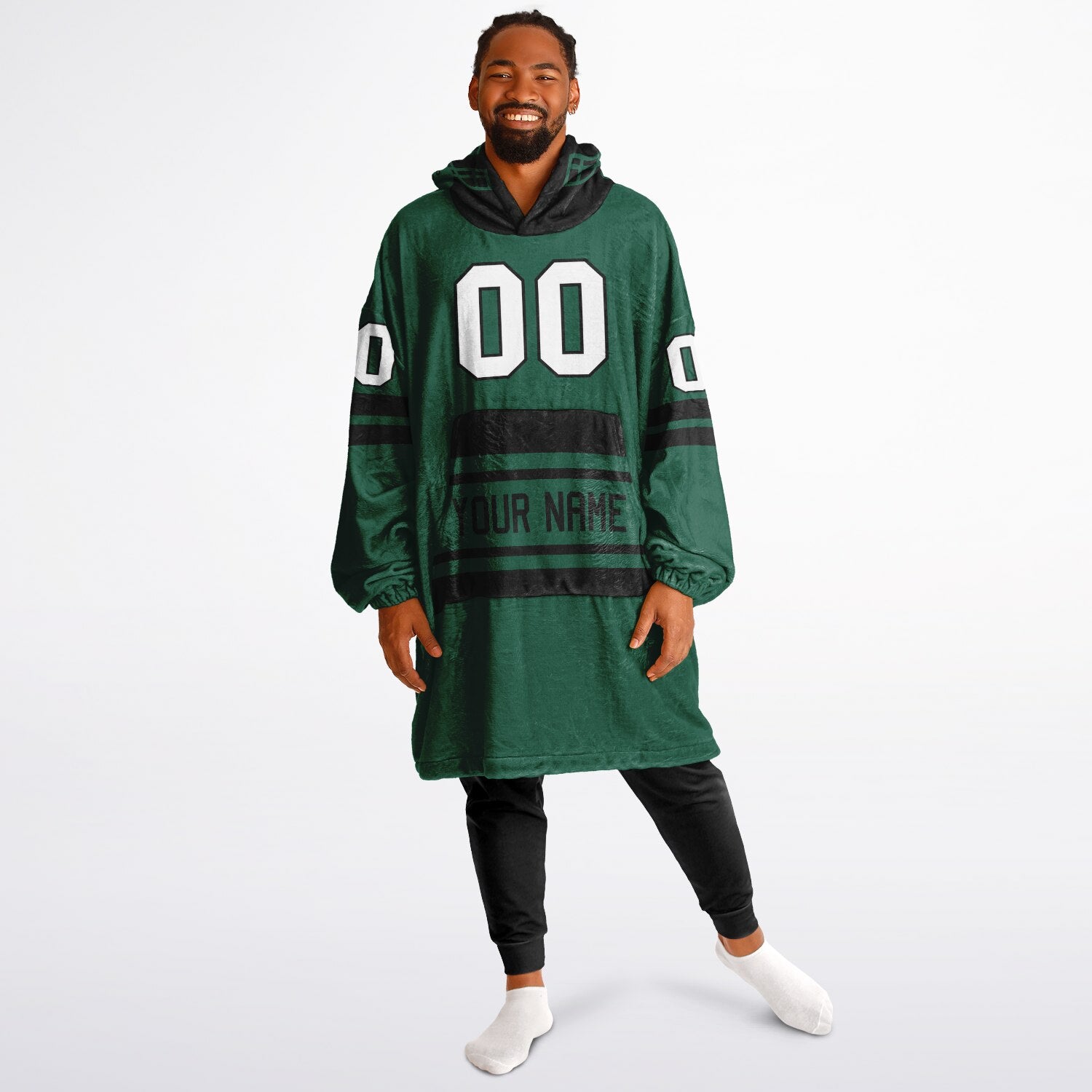 Green and black classic snug hoodie featuring jersey-style stripes and personalized name and number.