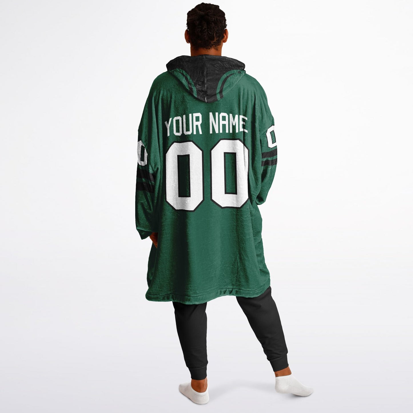 Green and black classic snug hoodie featuring jersey-style stripes and personalized name and number.