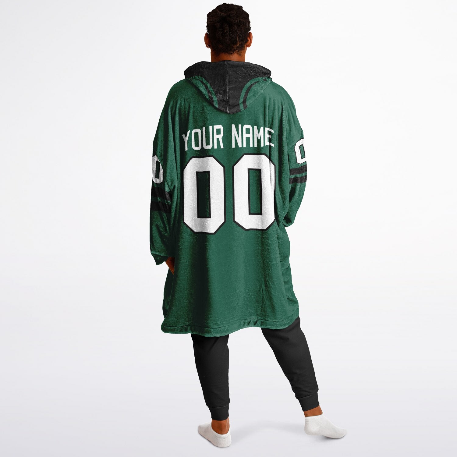 Green and black classic snug hoodie featuring jersey-style stripes and personalized name and number.