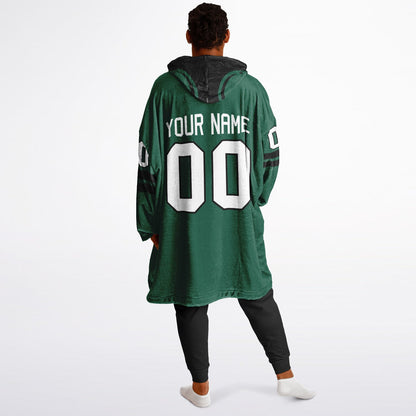 Green and black classic snug hoodie featuring jersey-style stripes and personalized name and number.
