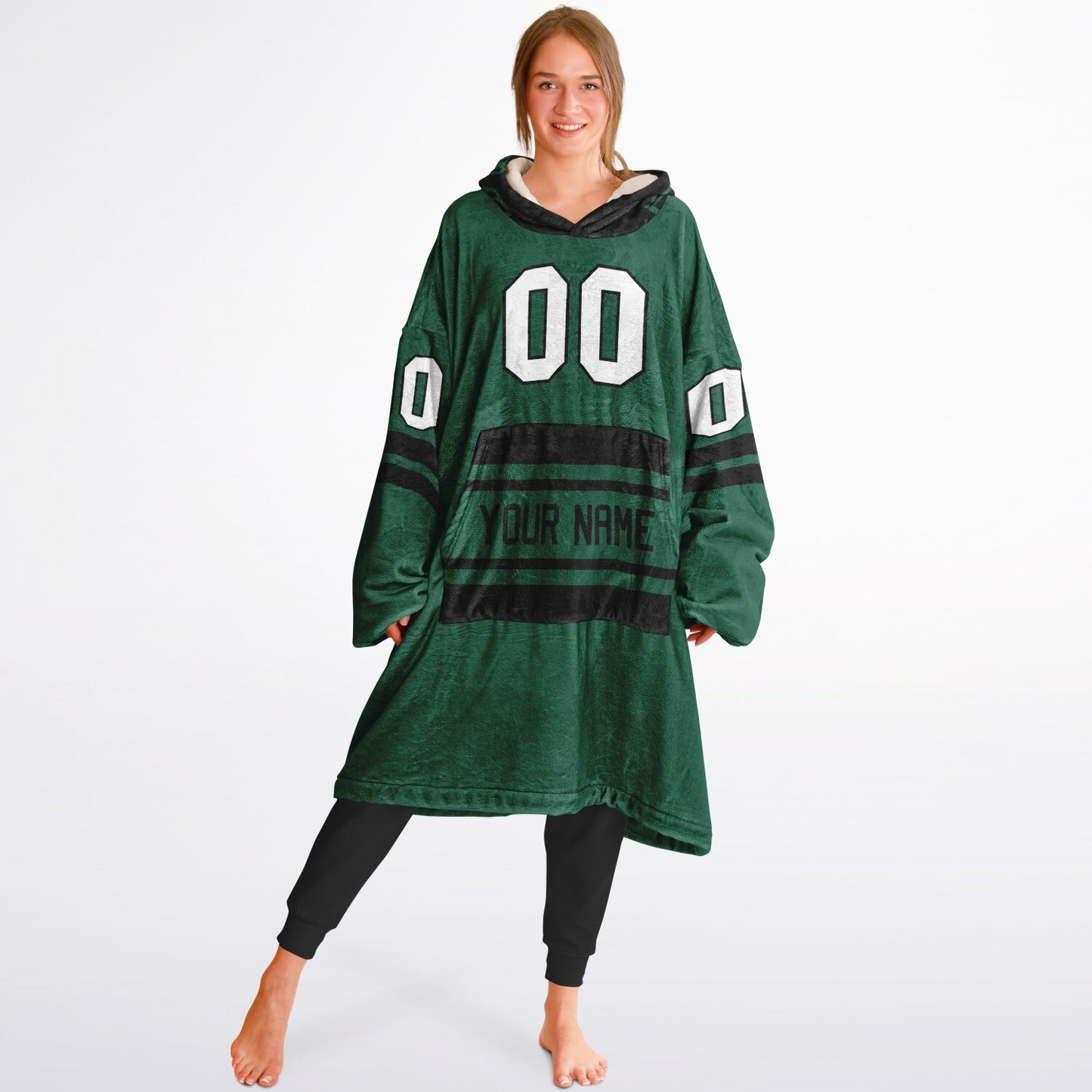 Green and black classic snug hoodie featuring jersey-style stripes and personalized name and number.