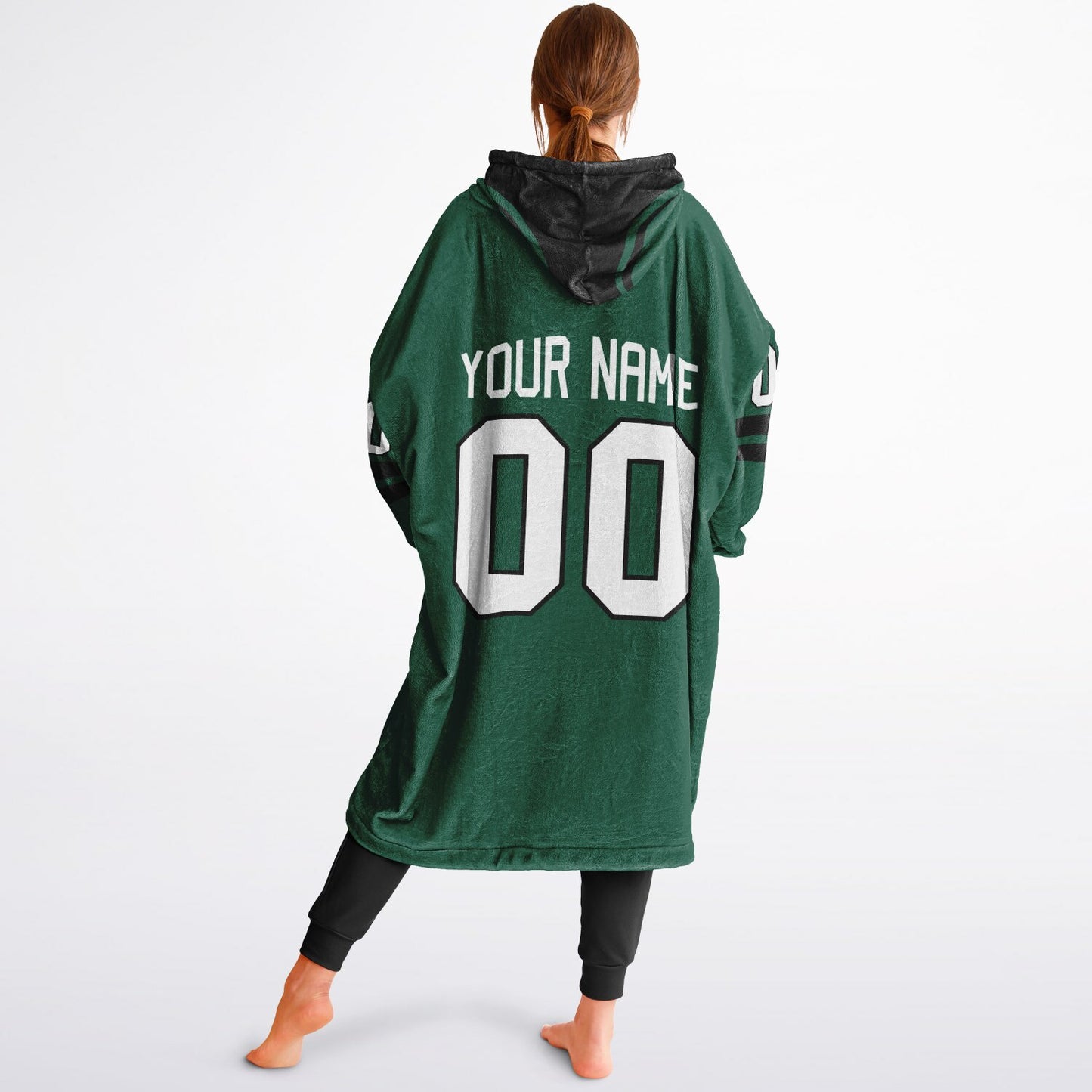 Green and black classic snug hoodie featuring jersey-style stripes and personalized name and number.