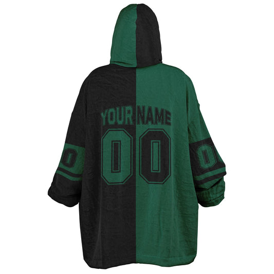 Green and black halftime snug hoodie featuring a symmetrical split design for a dynamic game-day look.