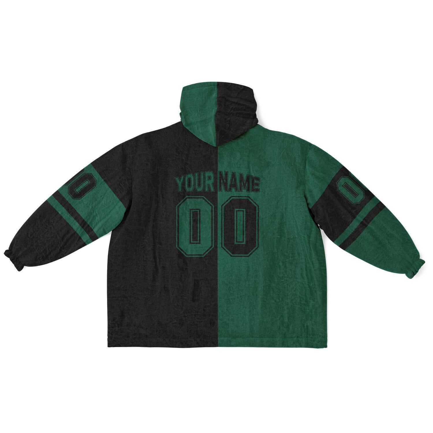 Green and black halftime snug hoodie featuring a symmetrical split design for a dynamic game-day look.