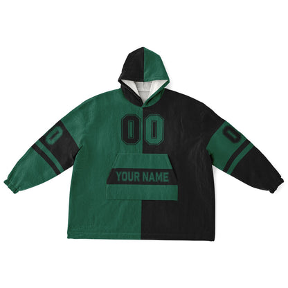 Green and black halftime snug hoodie featuring a symmetrical split design for a dynamic game-day look.