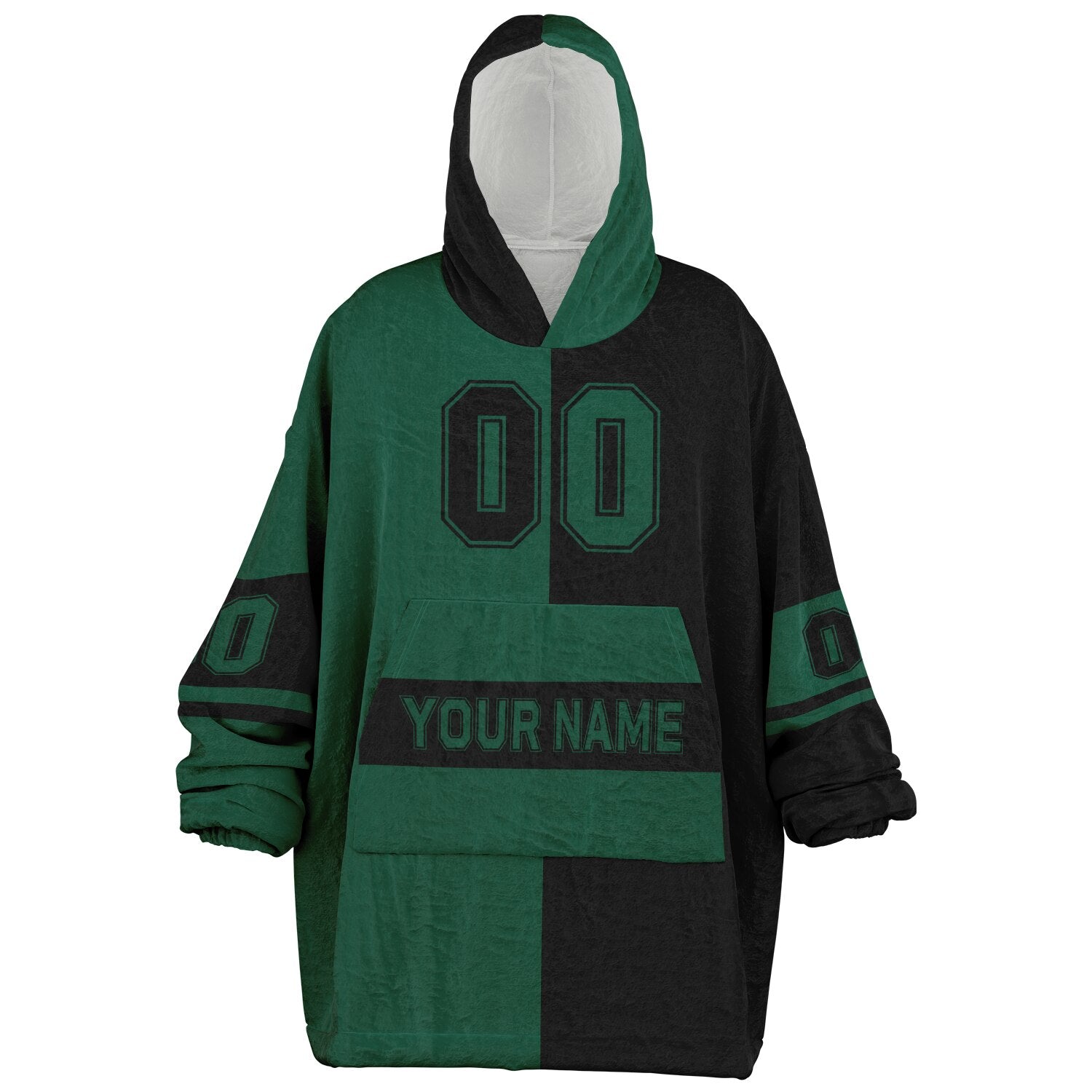 Green and black halftime snug hoodie featuring a symmetrical split design for a dynamic game-day look.