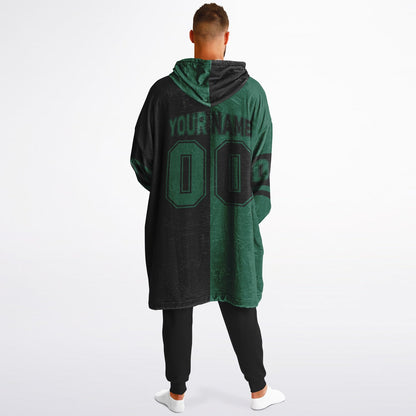 Green and black halftime snug hoodie featuring a symmetrical split design for a dynamic game-day look.