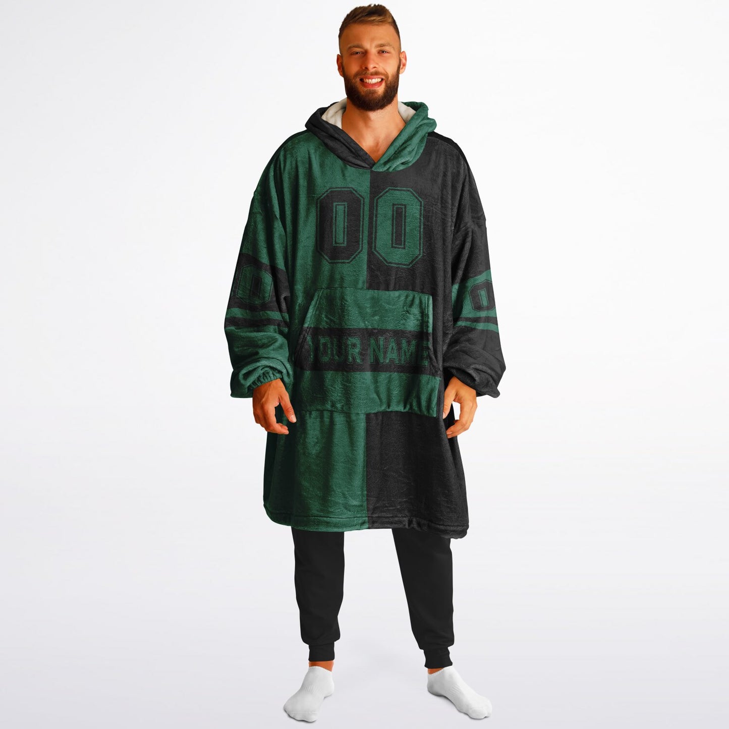 Green and black halftime snug hoodie featuring a symmetrical split design for a dynamic game-day look.