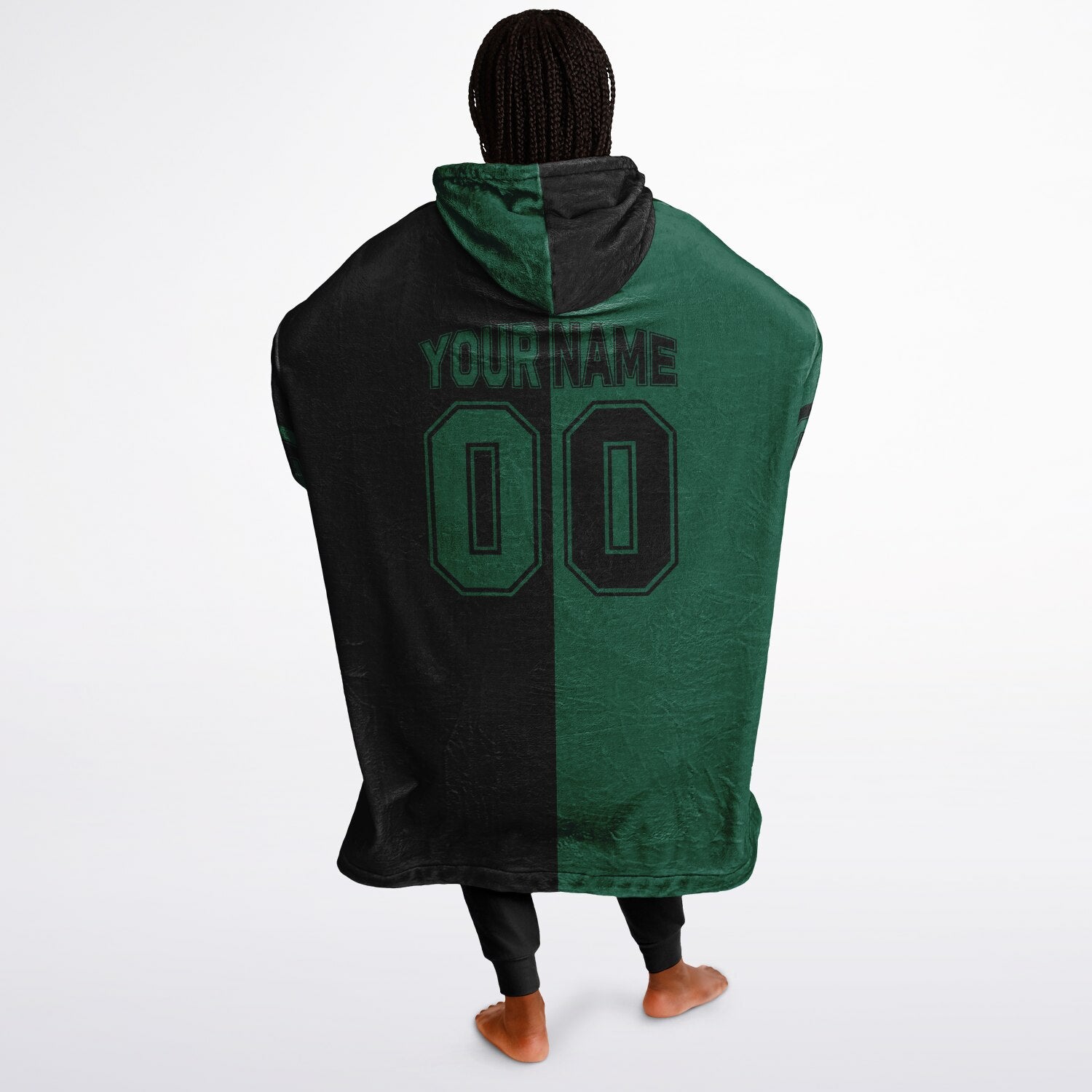 Green and black halftime snug hoodie featuring a symmetrical split design for a dynamic game-day look.