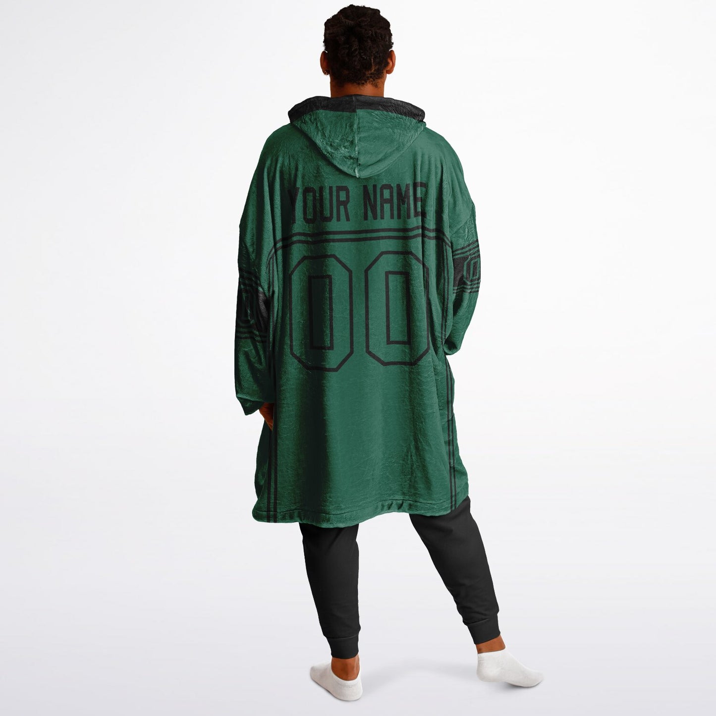 Green and black lineup snug hoodie featuring sleek line-art details and minimalist team-inspired design.