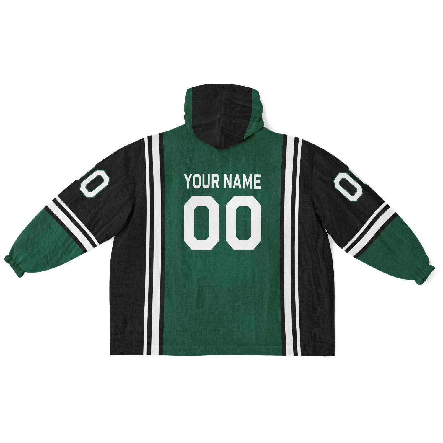 Green, black, and white bold snug hoodie with triple color blocking and a sporty aesthetic.