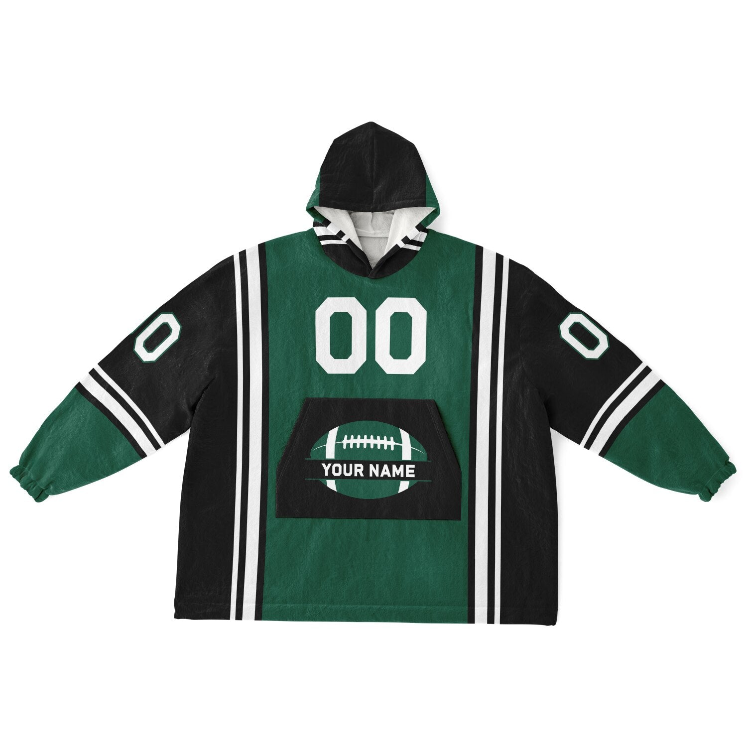 Green, black, and white bold snug hoodie with triple color blocking and a sporty aesthetic.