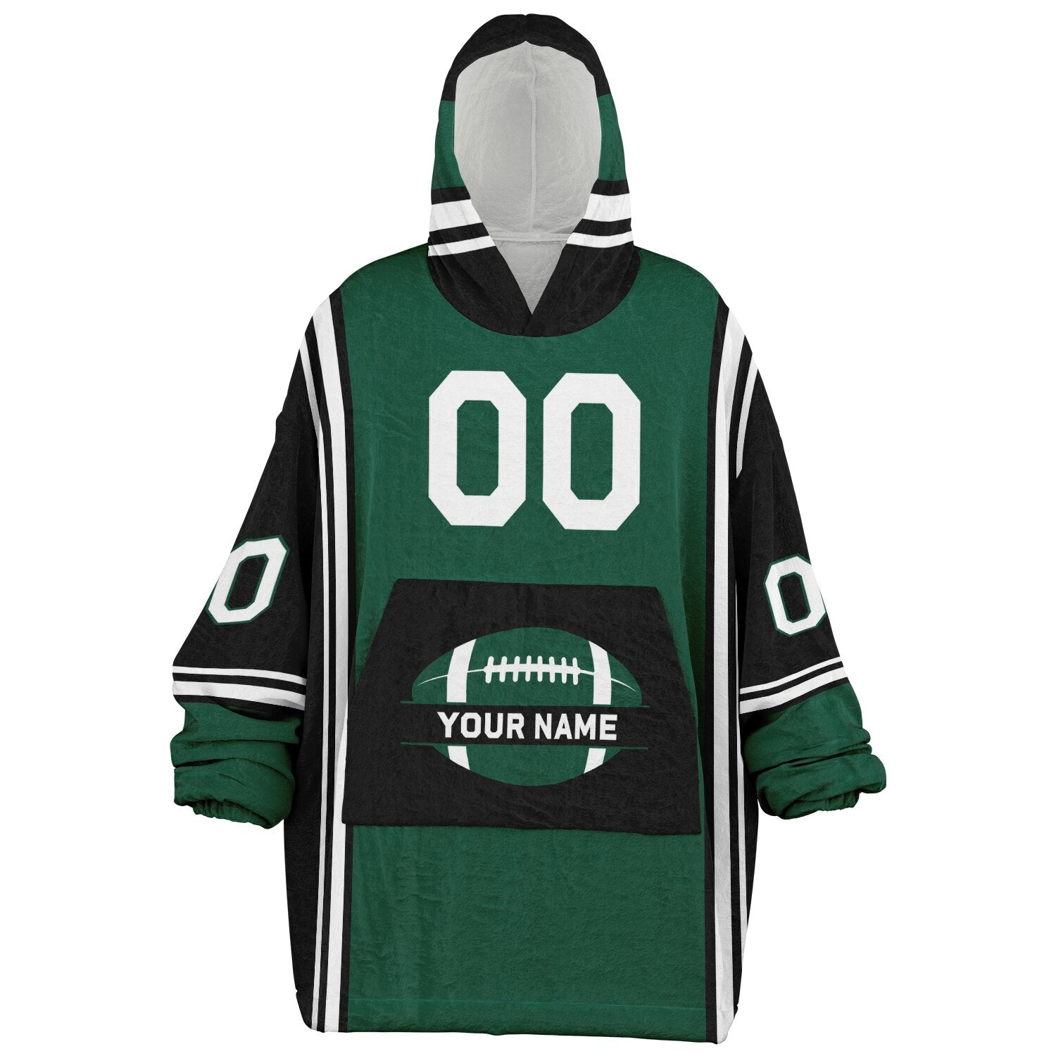 Green, black, and white bold snug hoodie with triple color blocking and a sporty aesthetic.