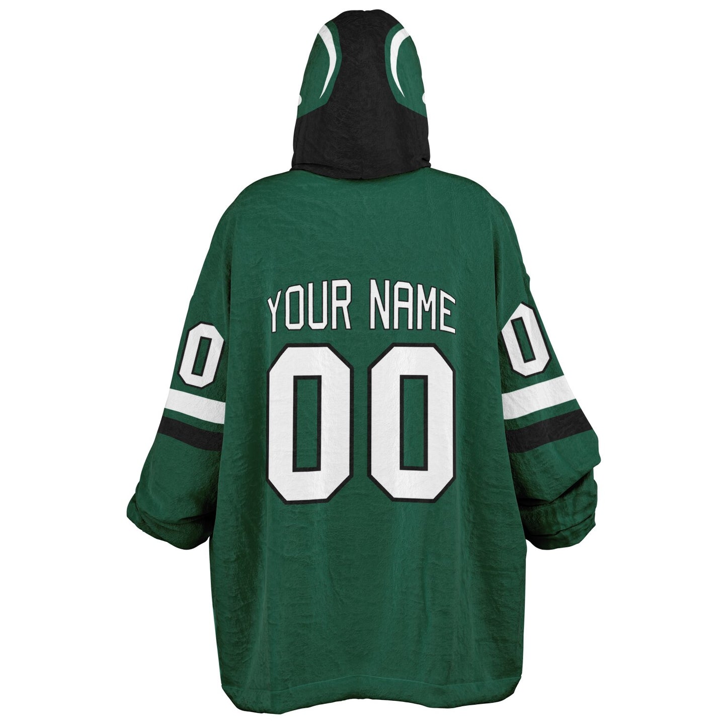 Green, black, and white classic snug hoodie featuring authentic jersey striping and personalized number details.