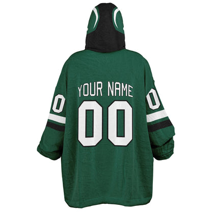 Green, black, and white classic snug hoodie featuring authentic jersey striping and personalized number details.