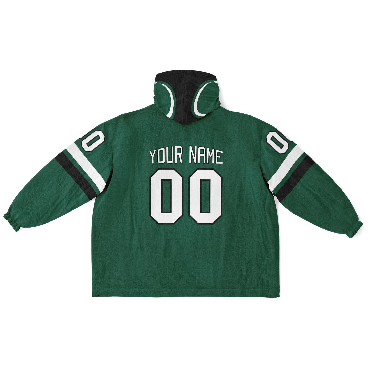 Green, black, and white classic snug hoodie featuring authentic jersey striping and personalized number details.