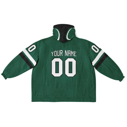 Green, black, and white classic snug hoodie featuring authentic jersey striping and personalized number details.