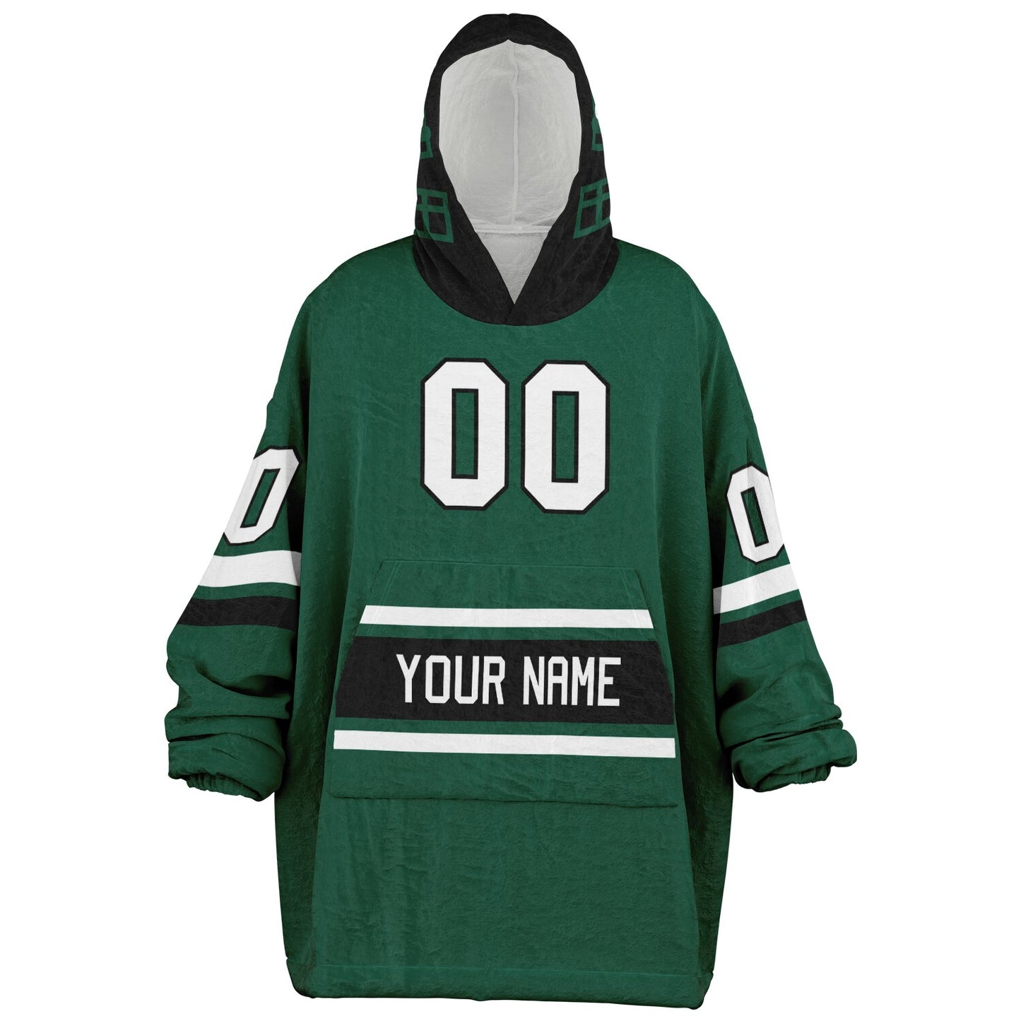 Green, black, and white classic snug hoodie featuring authentic jersey striping and personalized number details.