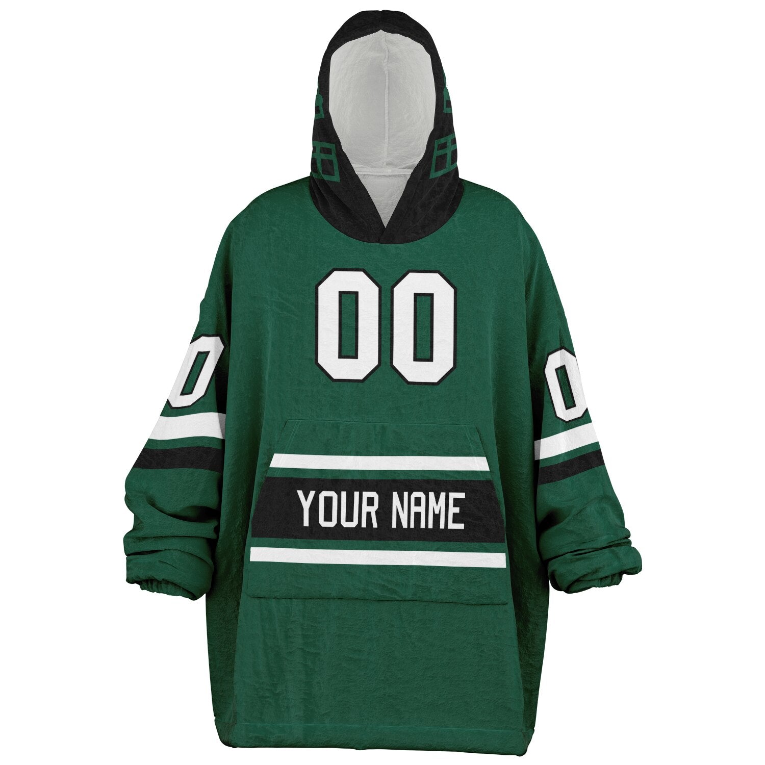 Green, black, and white classic snug hoodie featuring authentic jersey striping and personalized number details.