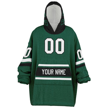 Green, black, and white classic snug hoodie featuring authentic jersey striping and personalized number details.