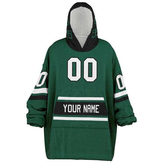 Green, black, and white classic snug hoodie featuring authentic jersey striping and personalized number details.