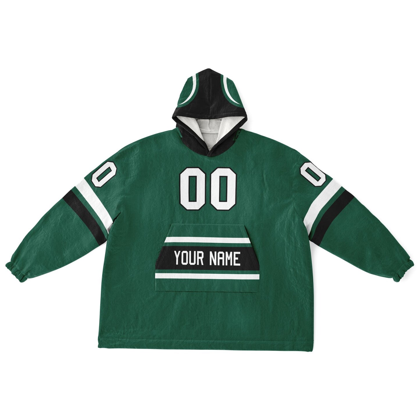 Green, black, and white classic snug hoodie featuring authentic jersey striping and personalized number details.