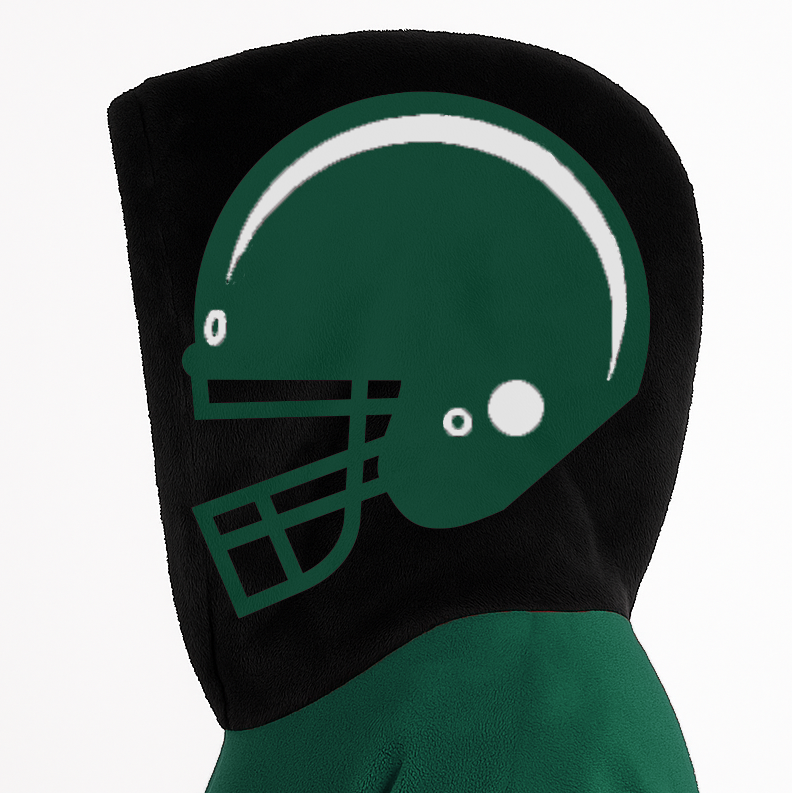 Green, black, and white classic snug hoodie featuring authentic jersey striping and personalized number details.