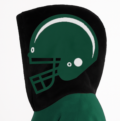 Green, black, and white classic snug hoodie featuring authentic jersey striping and personalized number details.