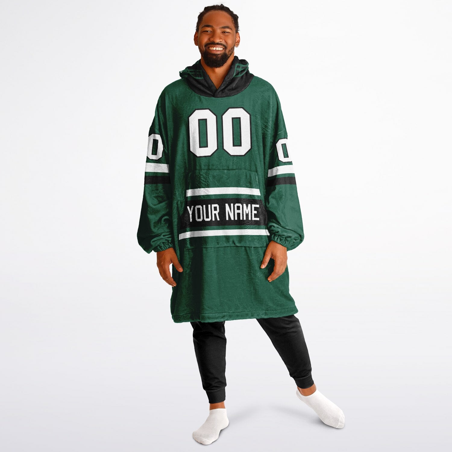 Green, black, and white classic snug hoodie featuring authentic jersey striping and personalized number details.