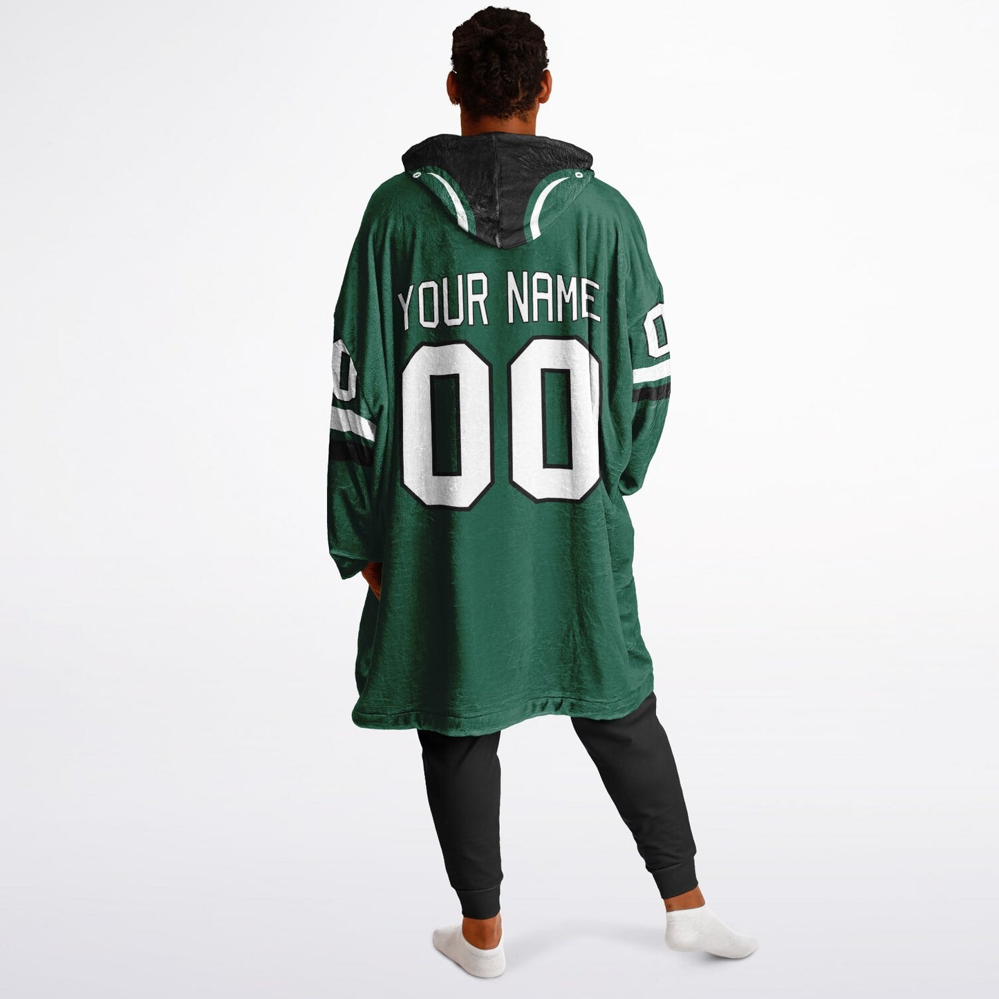 Green, black, and white classic snug hoodie featuring authentic jersey striping and personalized number details.