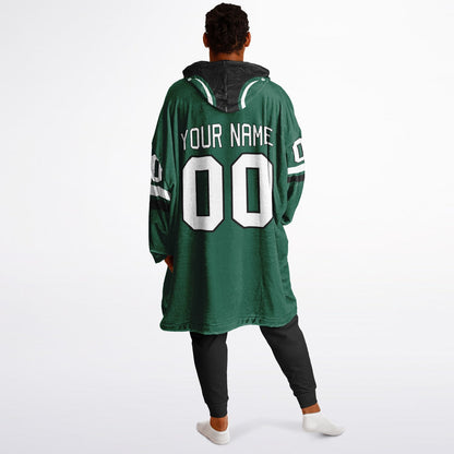Green, black, and white classic snug hoodie featuring authentic jersey striping and personalized number details.