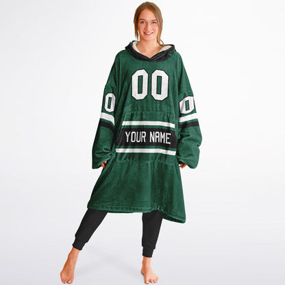 Green, black, and white classic snug hoodie featuring authentic jersey striping and personalized number details.
