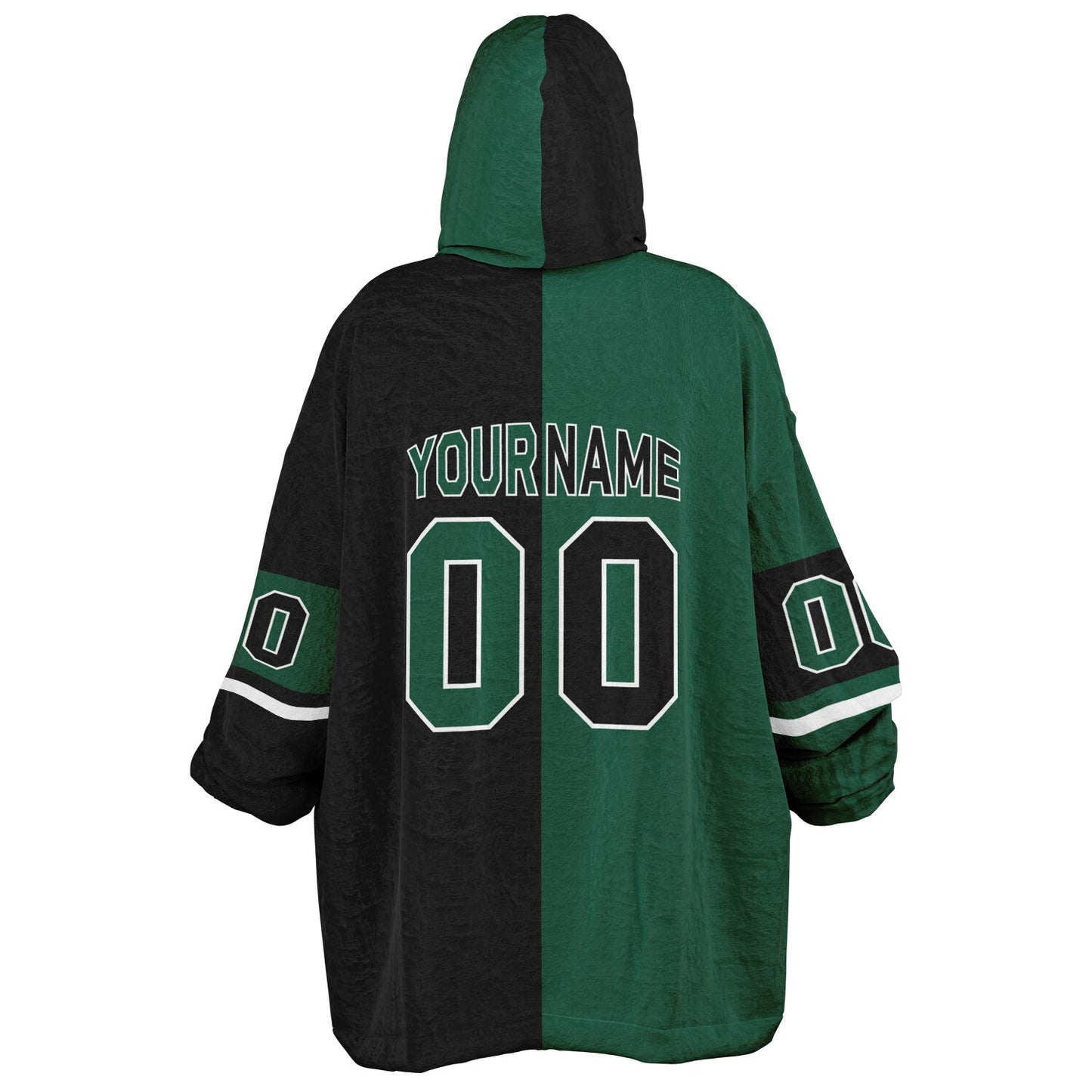 Green, black, and white halftime snug hoodie with three-tone split design and cozy fleece texture.