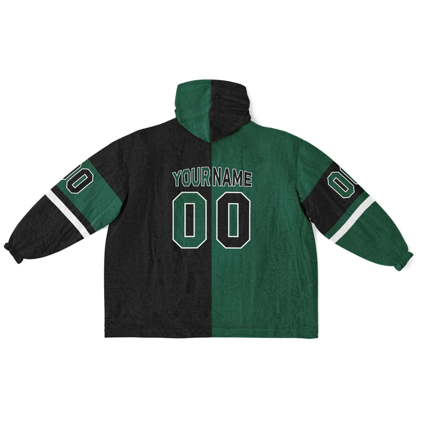 Green, black, and white halftime snug hoodie with three-tone split design and cozy fleece texture.