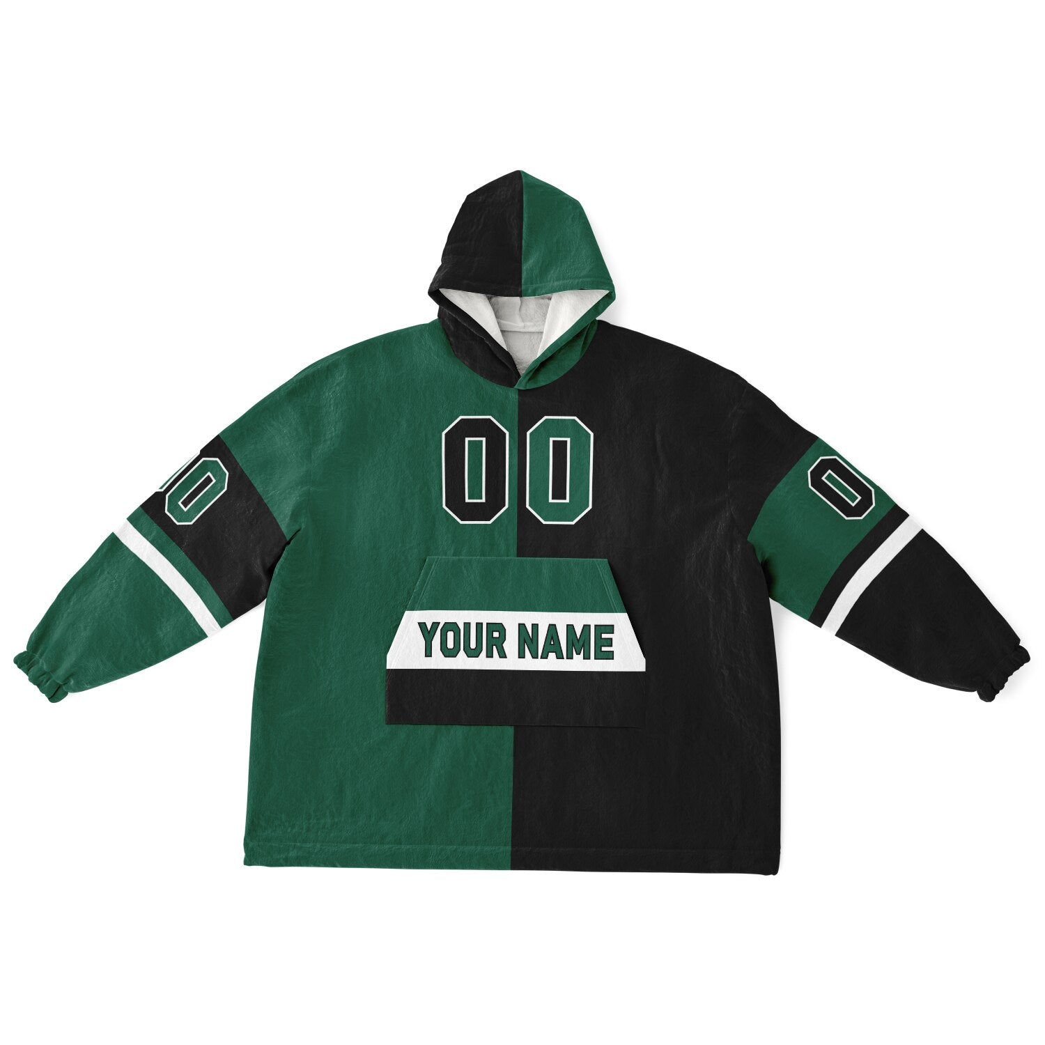 Green, black, and white halftime snug hoodie with three-tone split design and cozy fleece texture.